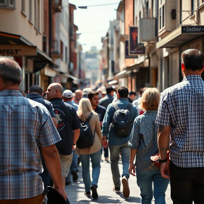 Candid street scene with people walking and interacting.